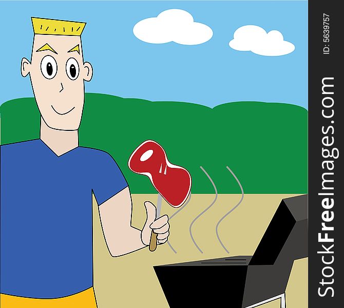 Vector illustration of a man ready to cook a steak on the barbecue grill