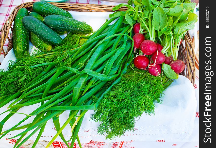 Green onions, radishes and cucumbers on a table