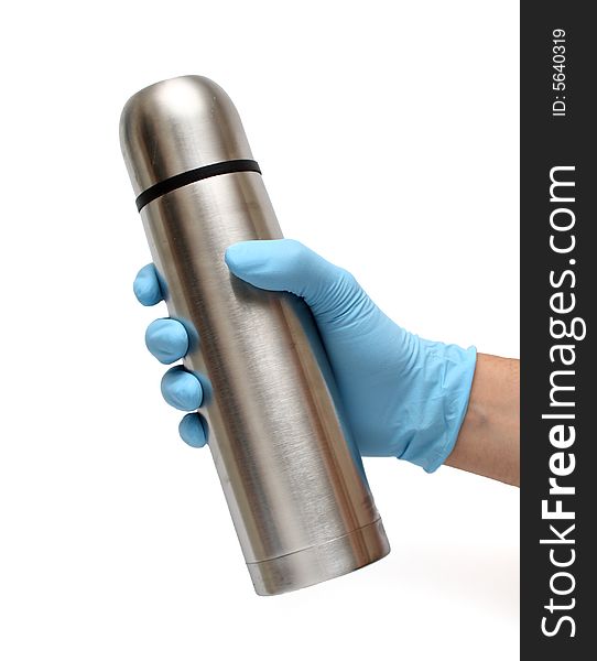 Hand in blue gloves holding a thermal container isolated on white. Hand in blue gloves holding a thermal container isolated on white