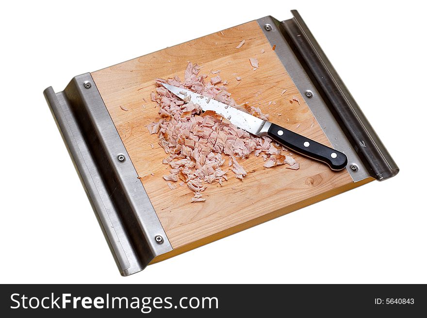 Chopping the chicken meat on the wooden desk. Chopping the chicken meat on the wooden desk