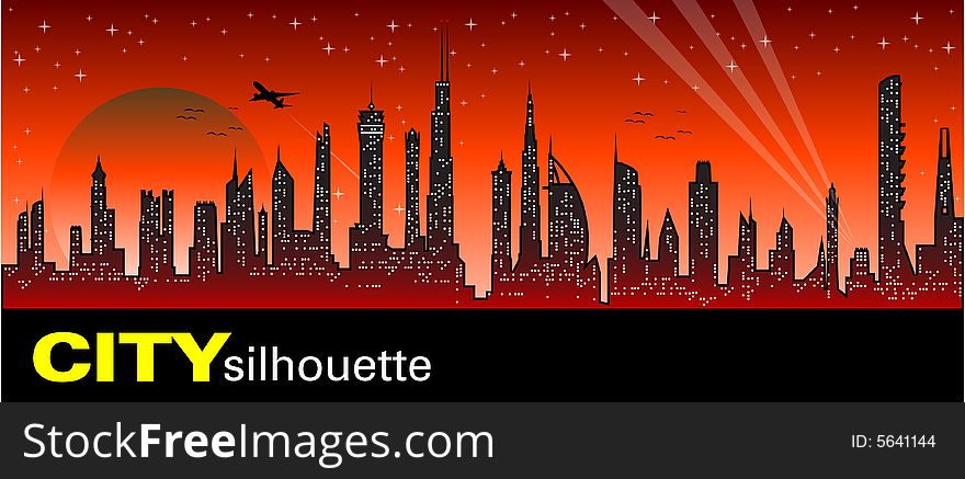 Skyscrapers on the red background