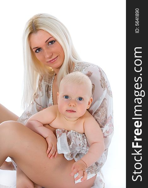 Happy mother with baby over white