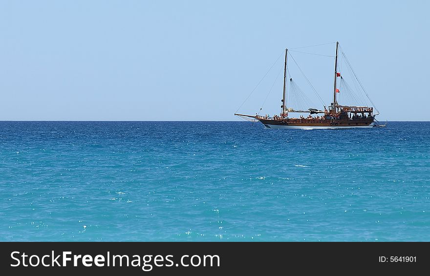 Cruise yacht in the Mediterranean Sea. Panoramic photo.