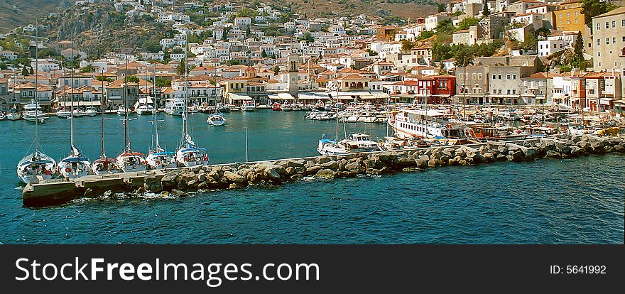 View of town quay and port of greek island