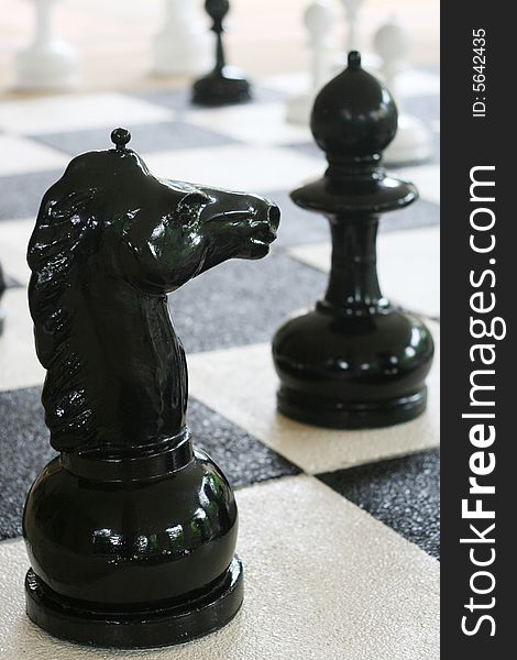 Close-up of a chess piece on a board.