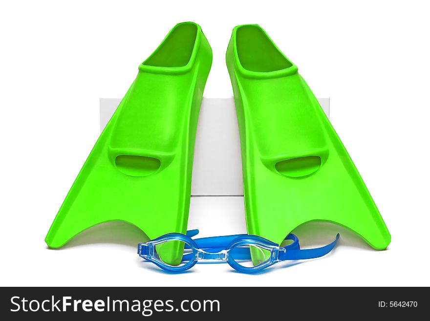 Green flippers with blue goggles isolated on white background. Green flippers with blue goggles isolated on white background