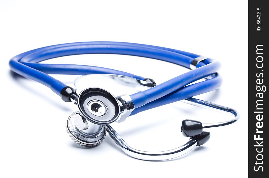 Blue modern stethoscope on a white background. Blue modern stethoscope on a white background