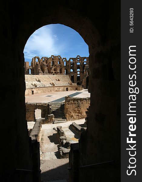 Ancient amphitheater El Jem in Tunisia, close-up