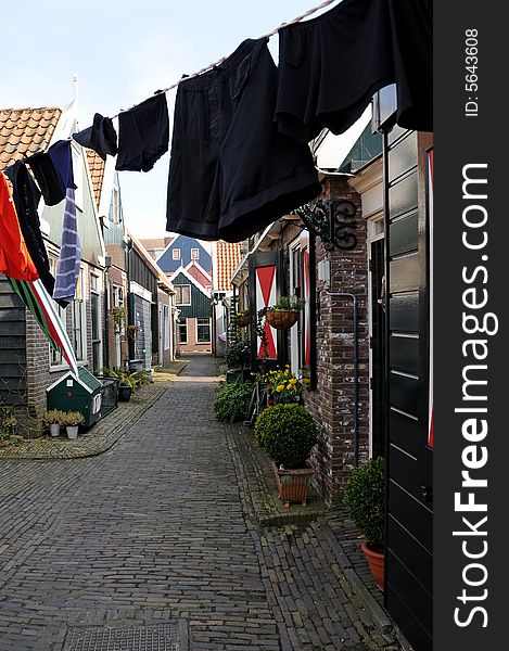 Drying clothes on the rope in small dutch village