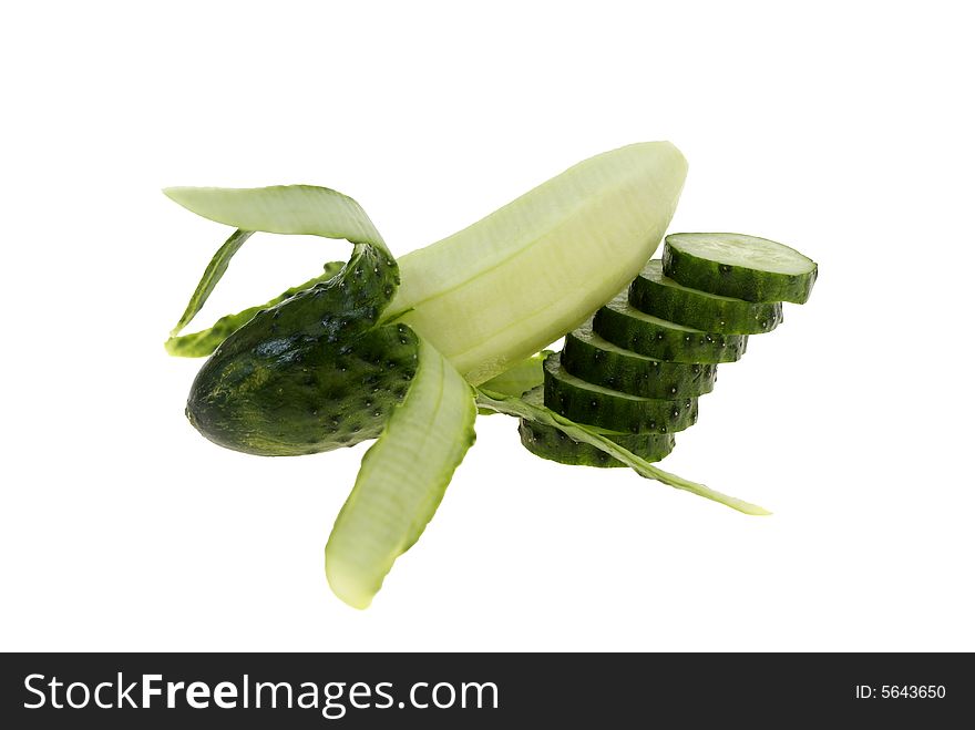 Peeled green cucumber with slices isolated on the white background