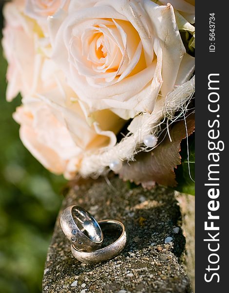 A closeup of the weddings rings in white gold with three diamonds on the background of the bride bouquet with roses. A closeup of the weddings rings in white gold with three diamonds on the background of the bride bouquet with roses