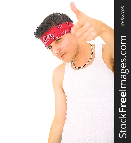 Young rocker/punk pointing at someone. isolated on white background. Young rocker/punk pointing at someone. isolated on white background