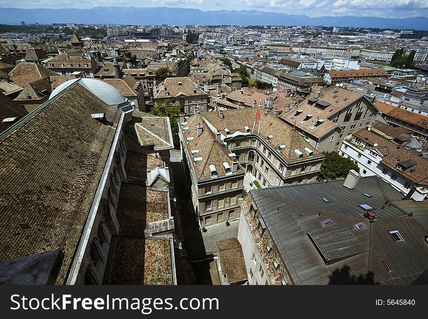 Wide angle aerial view of Geneva's rooftops, Switzerland. Wide angle aerial view of Geneva's rooftops, Switzerland.
