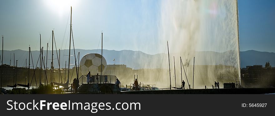 Panoramic view of Geneva's Jet d'Eau, Switzerland. Panoramic view of Geneva's Jet d'Eau, Switzerland.