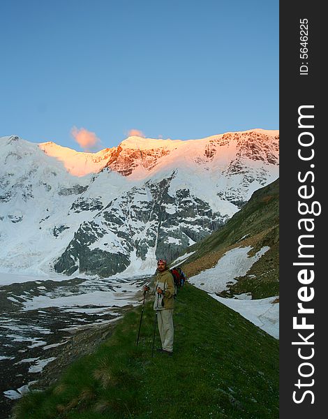 Sunset in mountain,  Caucasus mountain, snow top, bezengi