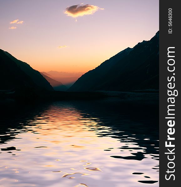 Sunset in mountain,  Caucasus mountain, snow top, bezengi