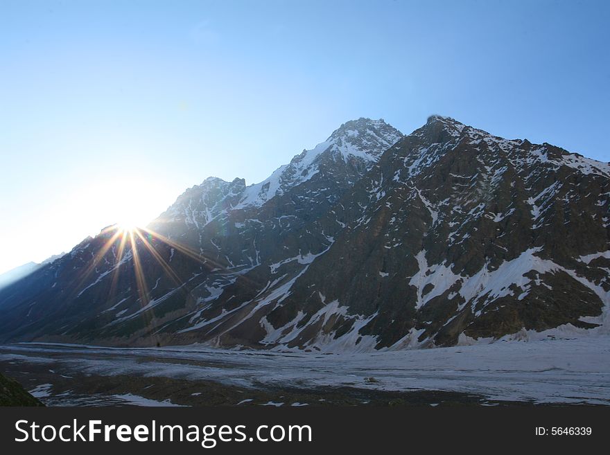 Sunset in mountain,  Caucasus mountain, snow top, bezengi
