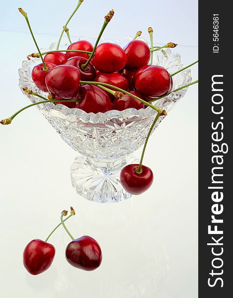 Ripe cherries in a bowl on white background. Ripe cherries in a bowl on white background