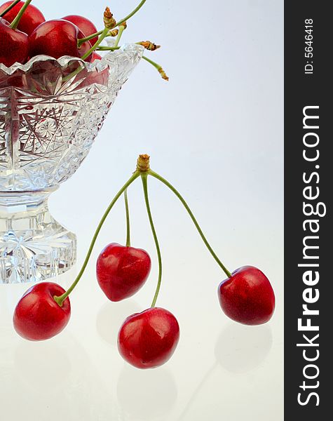 Ripe cherries in a bowl on white background. Ripe cherries in a bowl on white background