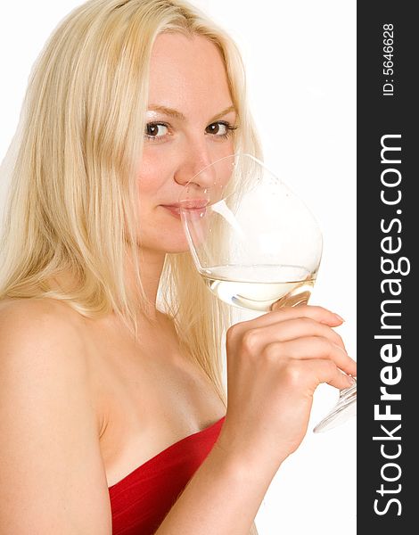 Blondy girl sipping white wine
