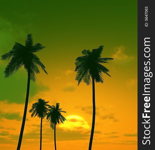 Beautiful sunset and palms. 3d image