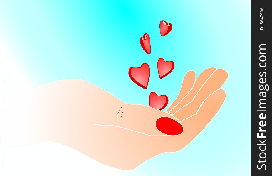 Open hand with small red hearts. Open hand with small red hearts.