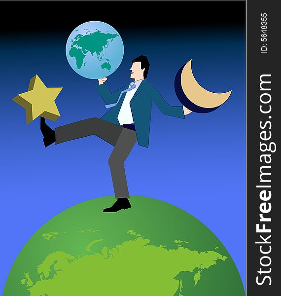 A corporate man standing with a big head of the world , balancing stars and planets standing over a planet. A corporate man standing with a big head of the world , balancing stars and planets standing over a planet