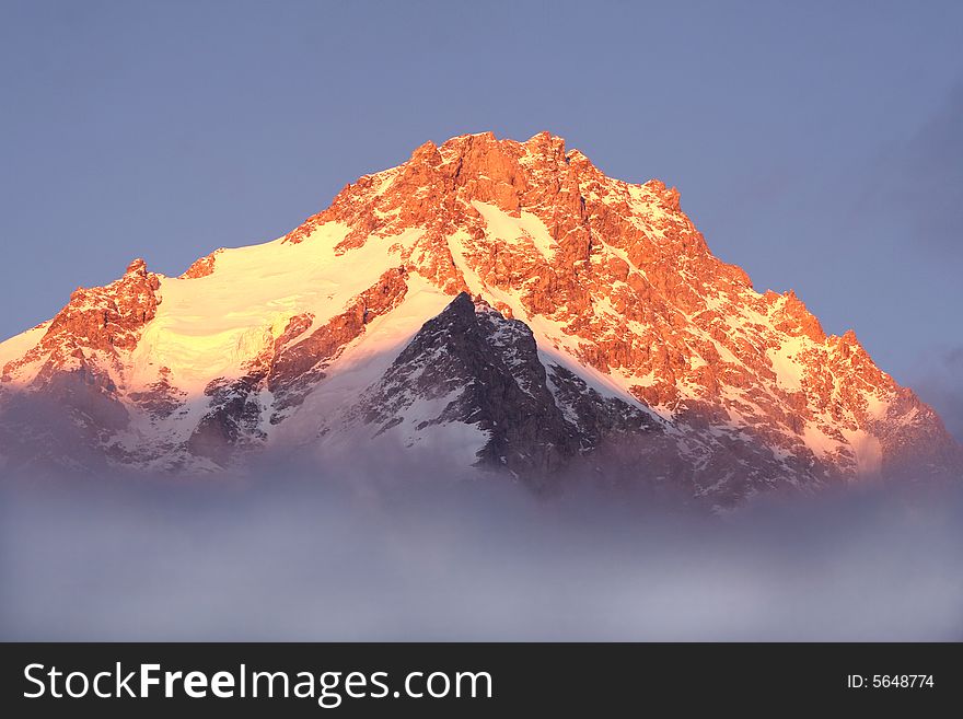 Sunset in mountain,  Caucasus mountain, snow top, bezengi