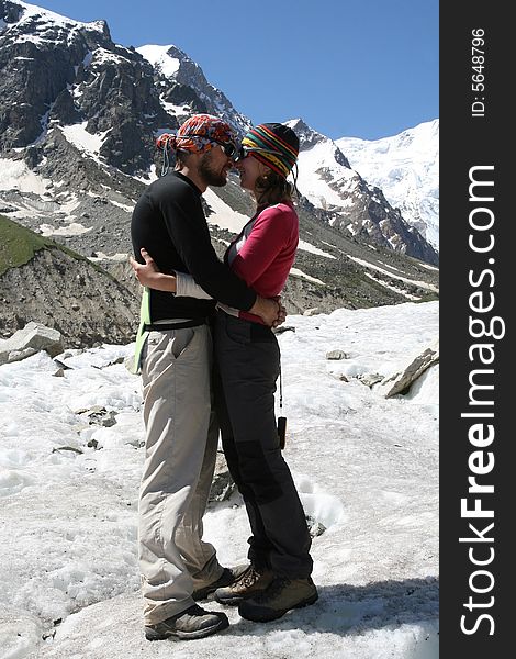 Hikers in mountains, Caucasus mountain, snow top, bezengi. Hikers in mountains, Caucasus mountain, snow top, bezengi