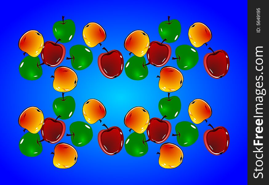 Green,yelow and red apples on a blue background.