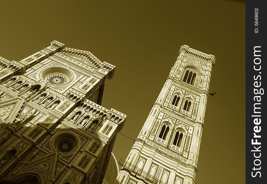 A suggestive monochrome of the Cathedral of Santa Maria del Fiore and Giotto's belltower in Florence. A suggestive monochrome of the Cathedral of Santa Maria del Fiore and Giotto's belltower in Florence