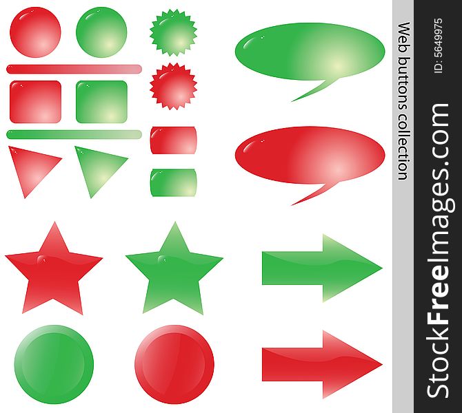 A collection of differently shaped green and red web buttons. A collection of differently shaped green and red web buttons