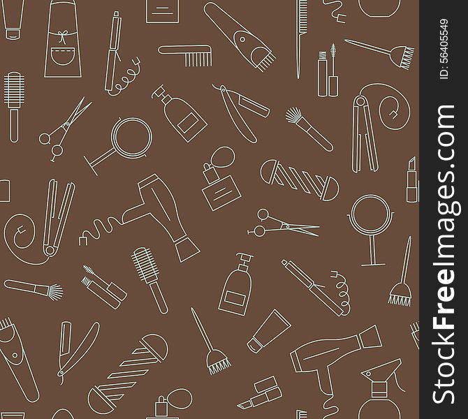 Beauty salon seamless pattern. Barber shop linear icons on brown background