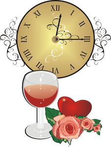 Clock, Roses, Heart And Glass Of Wine. Romantic Co Royalty Free Stock Photos Clock, Roses, Heart And Glass Of Wine. Romantic Co Royalty Free Stock Photos