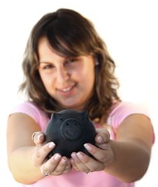 Young Lady Holding Piggy Bank Royalty Free Stock Images