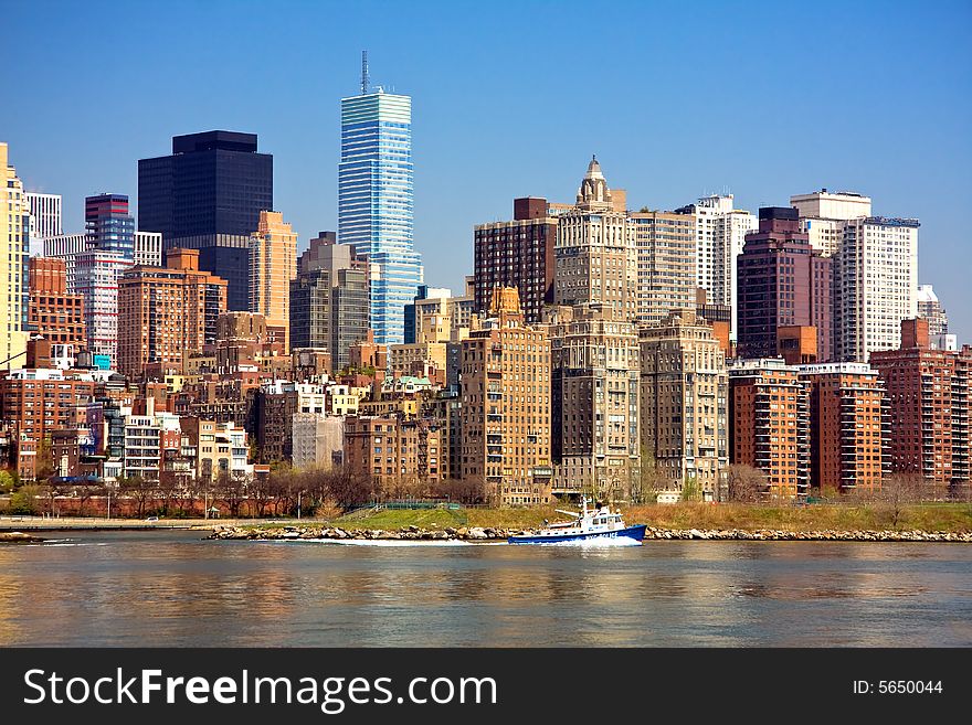 View of east side of Manhattan and East River. View of east side of Manhattan and East River