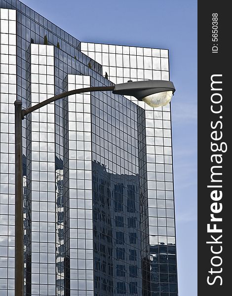 Corporate buildings with street lamp in a downtown area