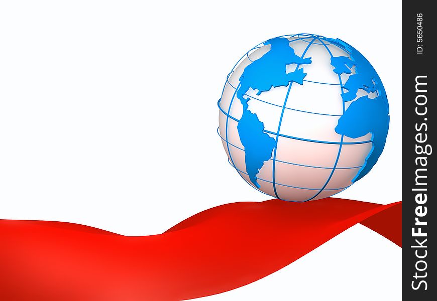 Blue globe and red band on white background