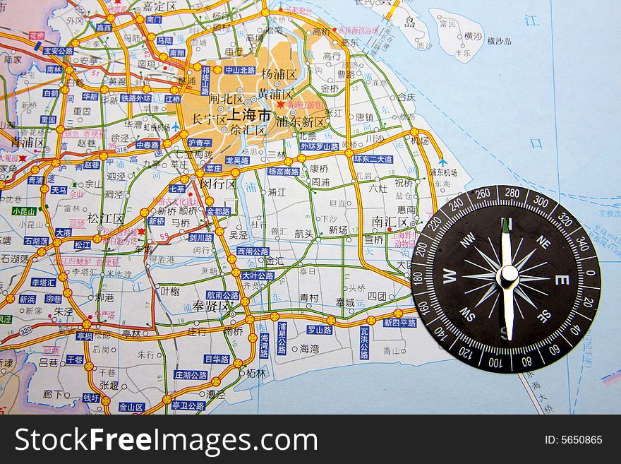 Map of shanghai and compass. Map of shanghai and compass.