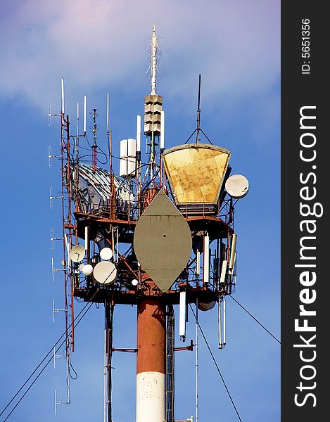 Peak of communication Hi-Tek mast with lights and antennas