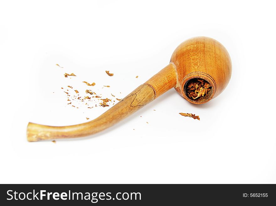 Single isolated tobacco pipe with tobacco on white background