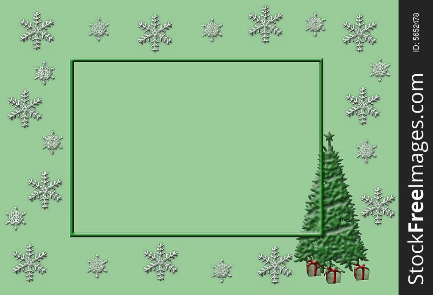 Green Christmas border with a tree and snow flakes