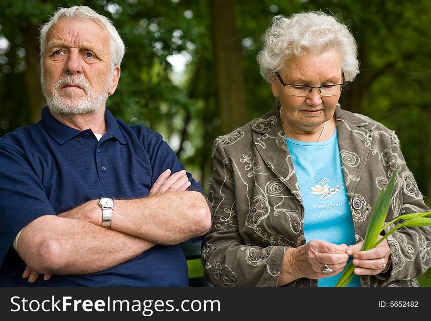 Outside portrait of an elderly couple on a bench. Outside portrait of an elderly couple on a bench