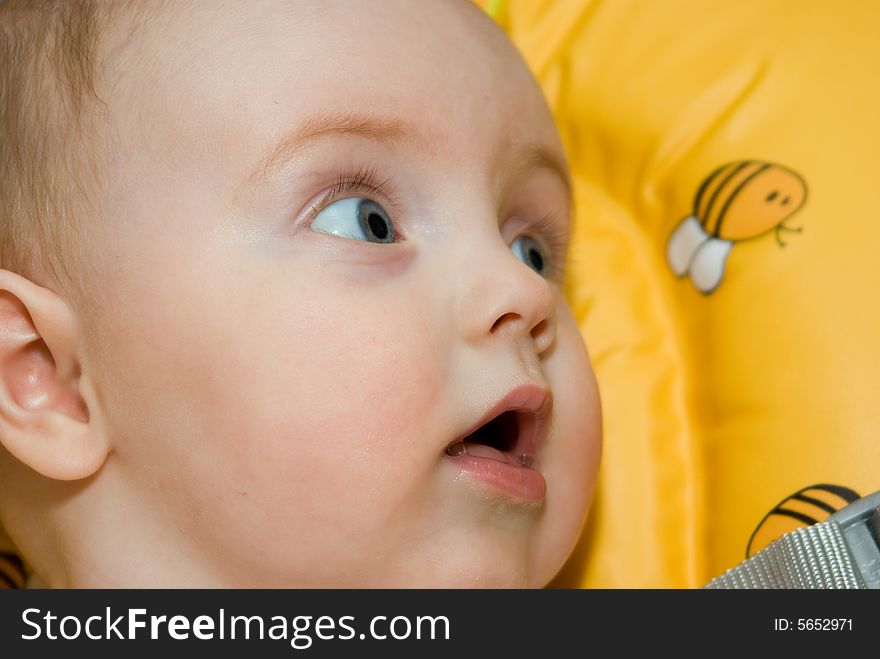 Little baby girl, sitting in a chair, looking with great interest. Little baby girl, sitting in a chair, looking with great interest