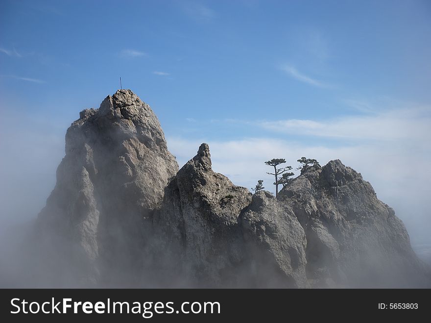 Mountains are in misty haze