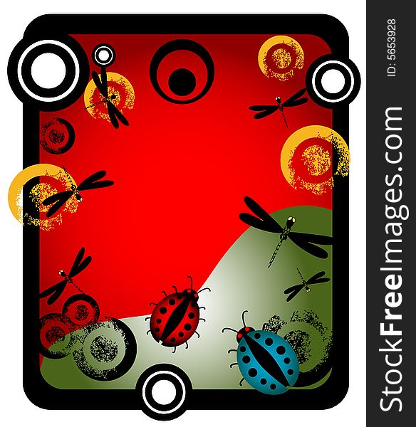 Abstract colored illustration with circles, dragonflies and ladybirds