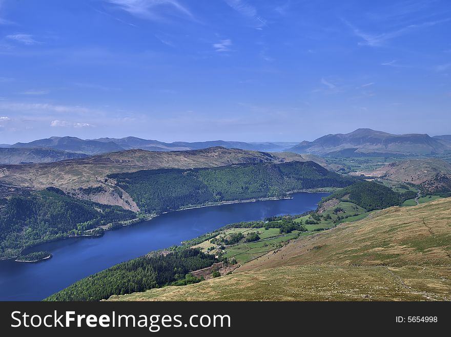 An aerial view of the Northern end of Thirlmere in the English Lake District from the flanks of Helvellyn