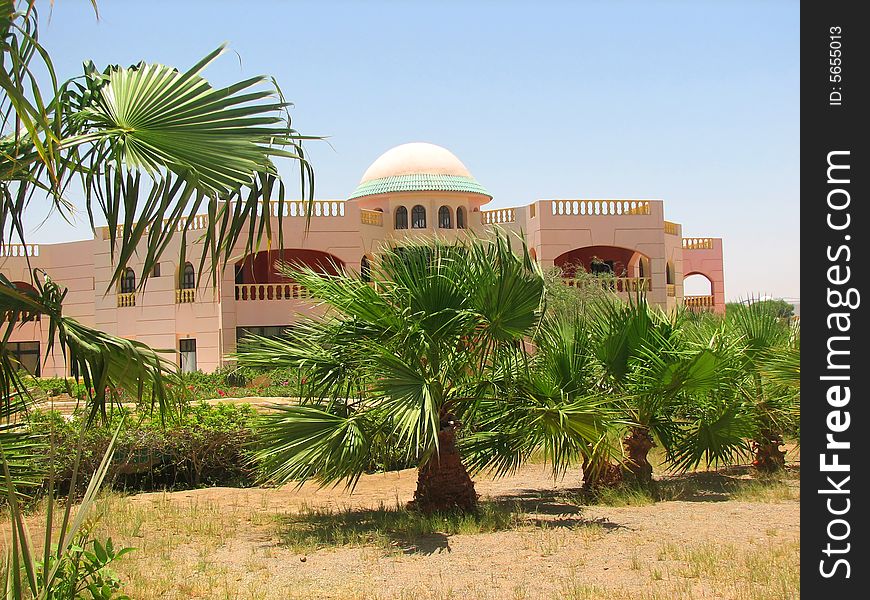 Tropical luxury hotel building near palm trees