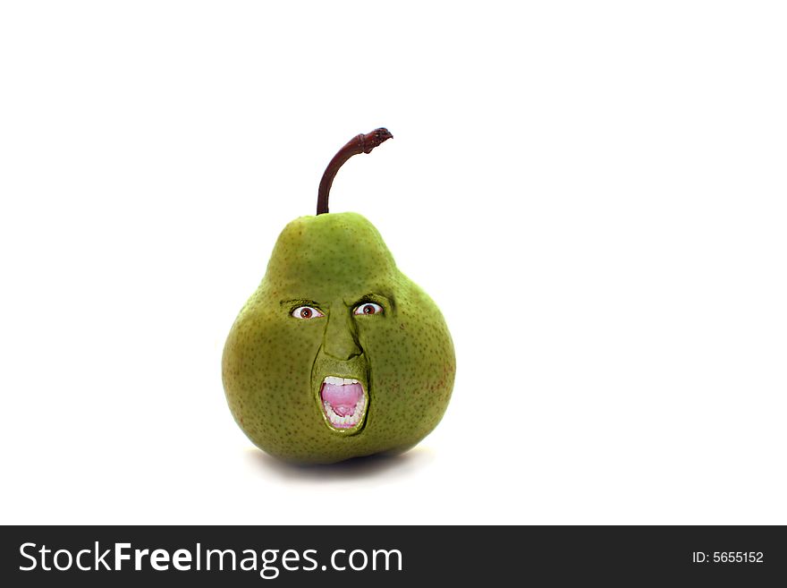 A pear with an angry man's face blended in over a white background. A pear with an angry man's face blended in over a white background