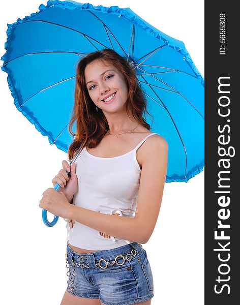 Portrait of a beautiful sexy girl with a  blue umbrella